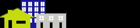 Illustration of a yellow house next to blue and gray office buildings