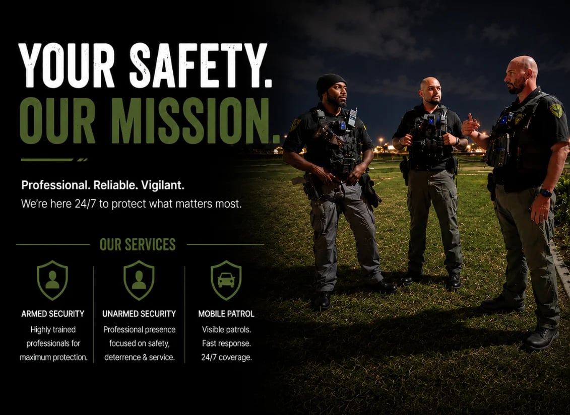 Security services promotional image with three armed officers standing on grass at night. Text reads Your Safety Our Mission with service options listed below.