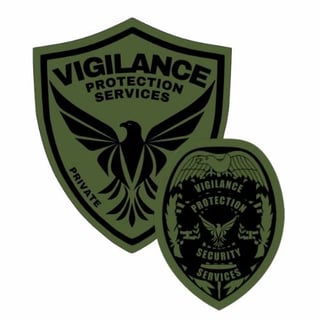 Two green and black Vigilance Protection Services logos featuring an eagle emblem on shield-shaped badges