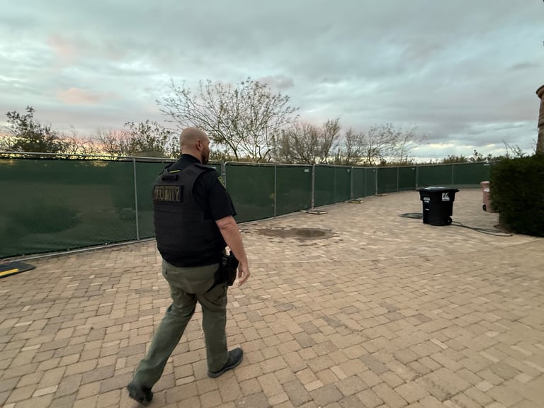 Person in tactical vest jogging on a paved area with green fence and bare trees in background